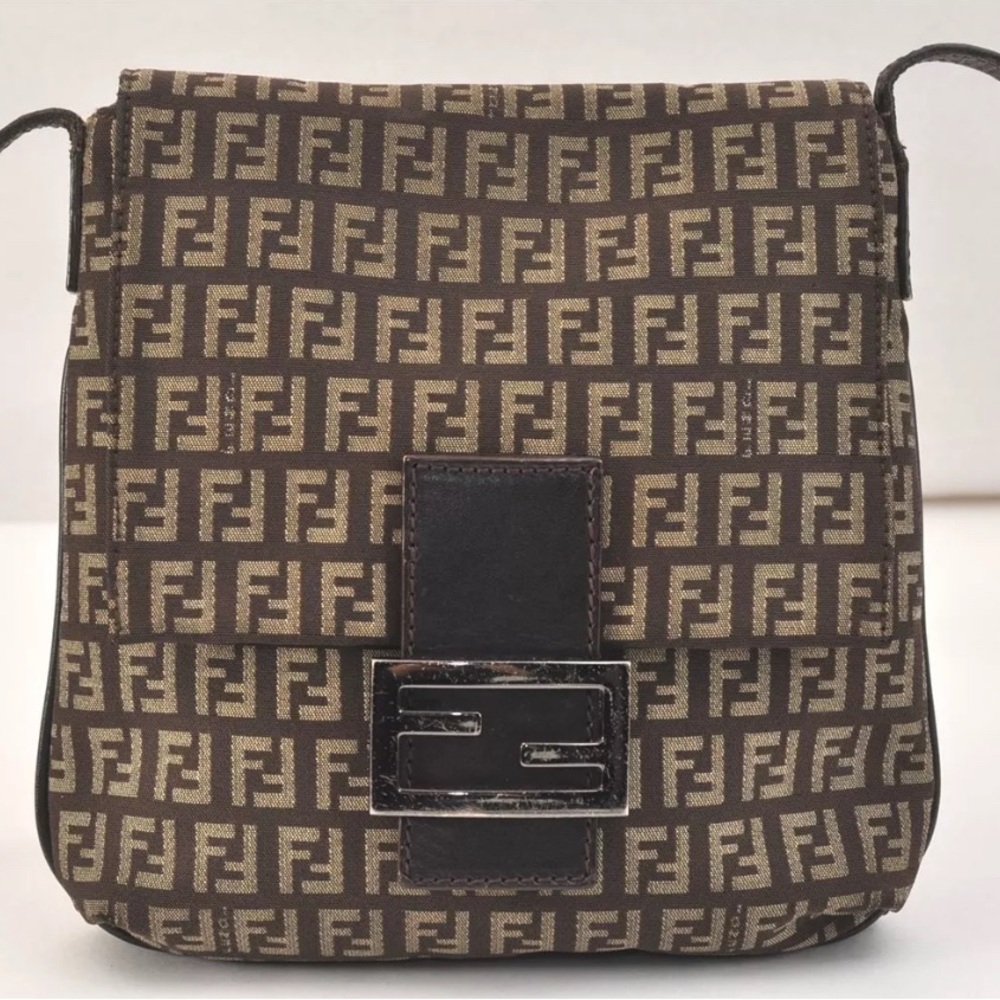 Authentic FENDI Zucchino Mamma Baguette Shoulder Bag Canvas Leather Brown